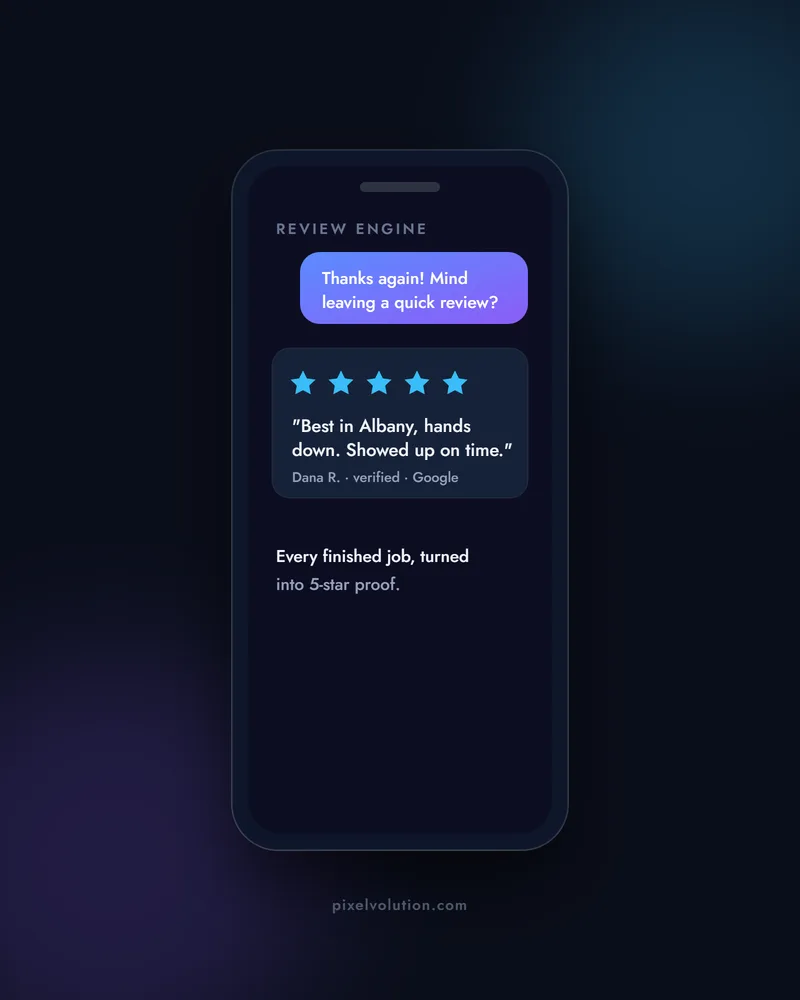 A phone showing a review request after a job turning into a five-star Google review