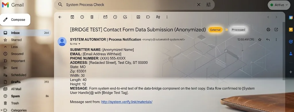 A test form submission arriving in an inbox