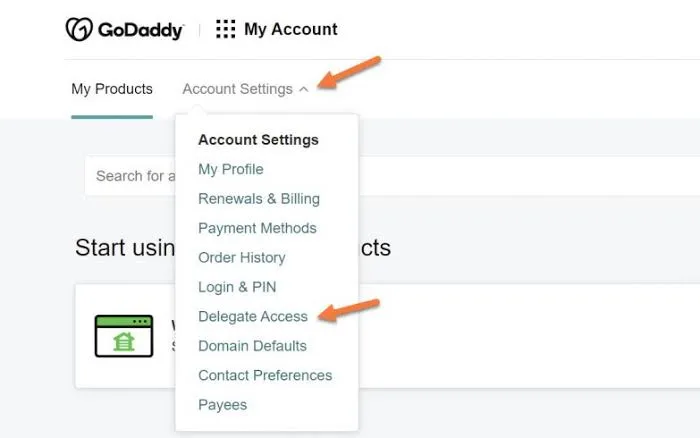 The delegate access screen at a domain registrar
