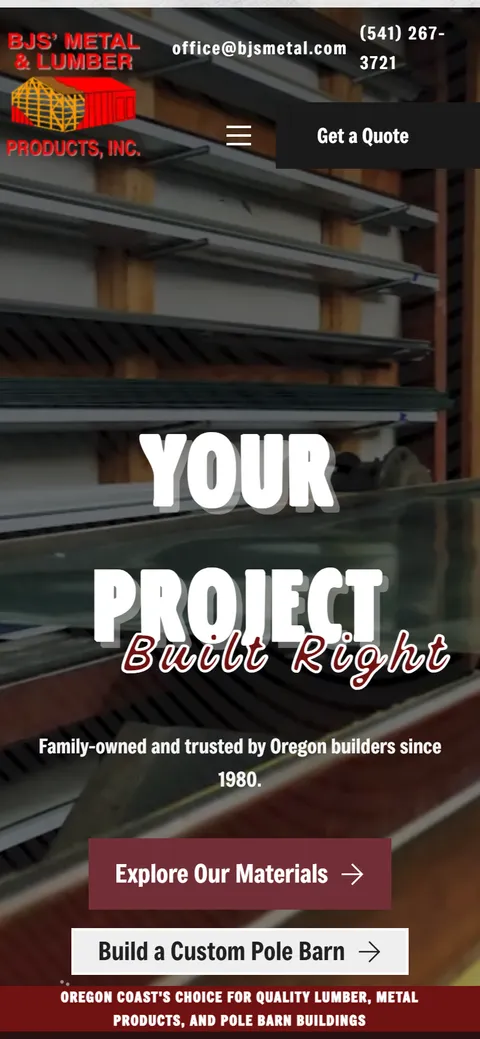 BJ's Metal & Lumber website on a phone