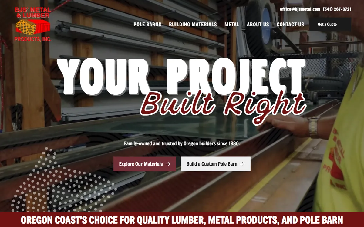 BJ's Metal & Lumber website, desktop